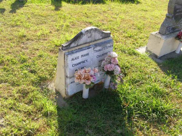Alice Marie Champney  | 13 Feb 1998, aged 95  | Thomas Stephen Champney  | 11 Aug 1964, aged 67  | Woodhill cemetery (Veresdale), Beaudesert shire  |   | 