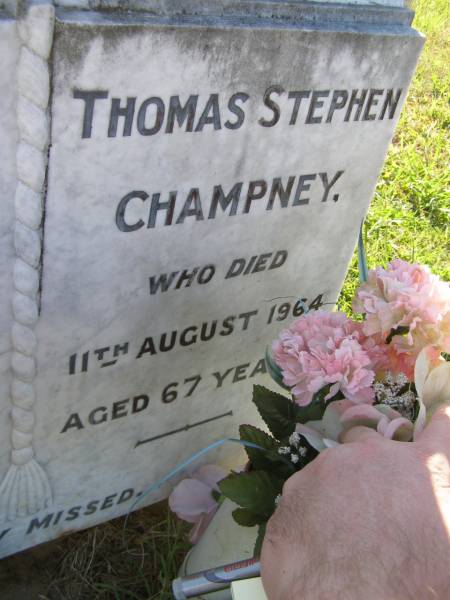 Alice Marie Champney  | 13 Feb 1998, aged 95  | Thomas Stephen Champney  | 11 Aug 1964, aged 67  | Woodhill cemetery (Veresdale), Beaudesert shire  |   | 