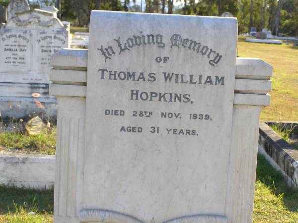 Thomas William Hopkins  | 28 Nov 1939, aged 31  | Woodhill cemetery (Veresdale), Beaudesert shire  |   | 
