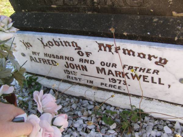 John Edgar Markwell  | 6 Feb 1946, aged 57  | Susan Anne Markwell  | 21 Nov 1957, aged 69  |   | Alfred John Markwell  | 1913 - 1973  |   | Marie Hannah Markwell  | 1914 - 1996  |   | Woodhill cemetery (Veresdale), Beaudesert shire  |   | 