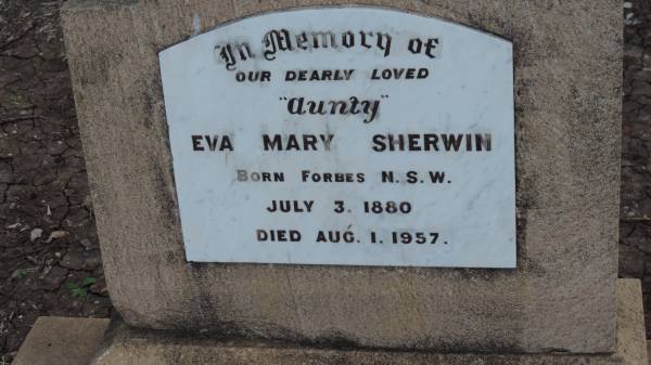 Eva Mary SHERWIN  | b 3 Jul 1880 in Forbes NSW  | d: 1 Aug 1957  |   | Yandilla All Saints Anglican Church with Cemetery  |   | 