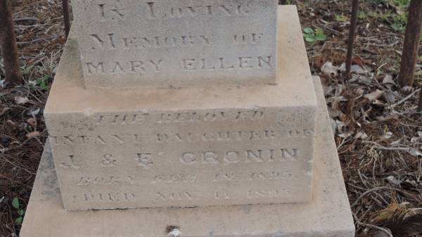 Mary Ellen (CRONIN)  | infant daughter of  | J and E CRONIN  | b: 18 Feb 1895  | d 14 Nov 1895  |   | Yandilla All Saints Anglican Church with Cemetery  |   | 
