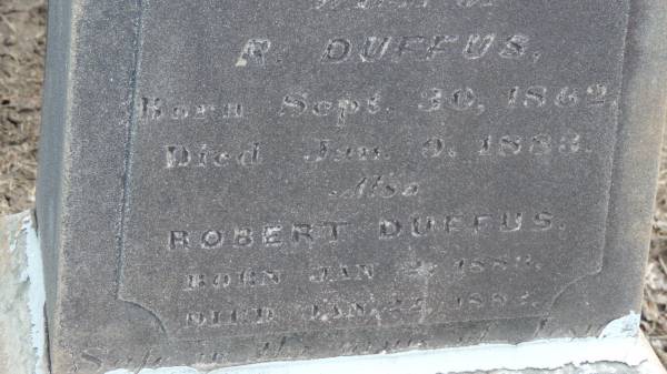 Janet DUFFUS wife of R DUFFUS  | b: 30 Sep 1862  | d: 9 Jan 1883  |   | Robert DUFFUS  | b: 20 Jan 1882  | d: 23 Jan 1884  |   | Yandilla All Saints Anglican Church with Cemetery  |   | 