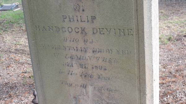 Philip Handcock DEVINE  | d: 31 Dec 1892 aged 14 (drowned at Lemon Tree)  |   | Yandilla All Saints Anglican Church with Cemetery  |   | 