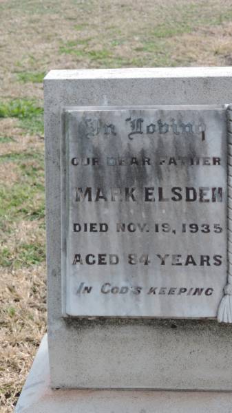 Mark ELSDEN  | d: 19 Nov 1935 aged 84  |   | Catherine ELSDEN  | d: 12 Jan 1932 aged 80  |   | Yandilla All Saints Anglican Church with Cemetery  |   | 
