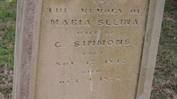 Maria Selina (SIMMONS)  | b: 17 Nov 1842  | d: 9 Oct 1879  | wife of G SIMMONS  |   | Yandilla All Saints Anglican Church with Cemetery  |   | 