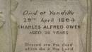 
Charles Alfred OWEN
d: 29 Apr 1864 aged 36 at Yandilla

Yandilla All Saints Anglican Church with Cemetery

