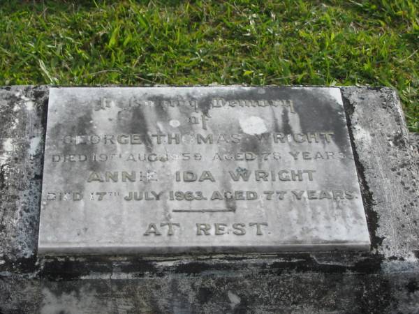 George Thomas WRIGHT  | d: 19 Aug 1959 aged 78  |   | Annie Ida WRIGHT  | d: 17 Jul 1963 aged 77  |   | Yandina Cemetery  |   | 