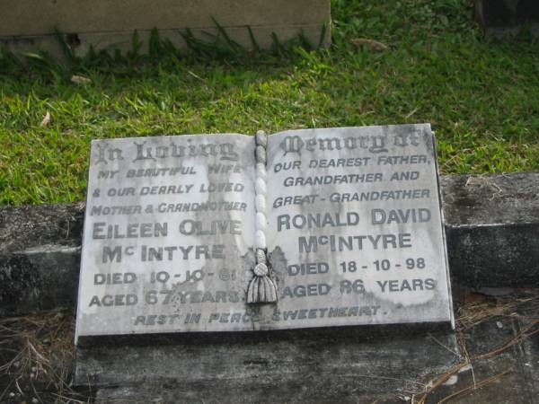 Eileen Olive McINTYRE  | d: 10 Oct 1981 aged 67  | husband of  | Ronald David McINTYRE  | d: 18 Oct 1998 aged 86  |   | Mabel McINTYRE  | d: 17 Feb 1992 aged 82  |   | Yandina Cemetery  |   | 