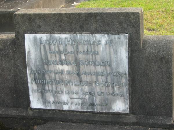 Susanna BOWDER  | d: 28 Jan 1942 aged 83  |   | Augustus William BOWDER  | d: 14 Feb 1944 aged 87  |   | Yandina Cemetery  |   | 
