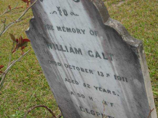 William GALT  | d: 13 Oct 1911 aged 52  |   | wife  | Elspeth GALT  | d: 15 Oct 1926 aged 70  |   | Yandina Cemetery  | 