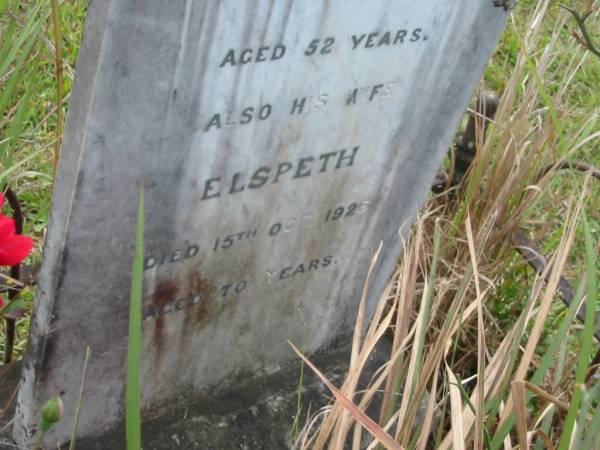 William GALT  | d: 13 Oct 1911 aged 52  |   | wife  | Elspeth GALT  | d: 15 Oct 1926 aged 70  |   | Yandina Cemetery  | 