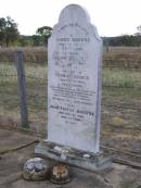 
James BROWNE,
died 6 April 1890 aged 41 years;
Margaret,
wife,
died 7 Sept 1907 aged 58 years;
Thomas George, son,
died 2 Feb 1889 aged 13 months;
erected by children;
John Foster BROWNE,
died 3 Dec 1960 aged 80 years;
Yangan Anglican Cemetery, Warwick Shire


