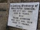 
Niels Peter JOHNSON,
died 27 Oct 1941 aged 61 years;
Helen JOHNSON,
died 12 Aug 1956 aged 71 years;
Yangan Anglican Cemetery, Warwick Shire
