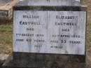 
William EASTWELL,
died 7 Aug 1945 aged 69 years;
Elizabeth EASTWELL,
died 26 April 1933 aged 53 years;
Yangan Anglican Cemetery, Warwick Shire
