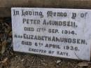 
Peter AMUNDSEN,
died 17 Sept 1914;
Elizabeth AMUNDSEN,
died 6 APril 1936;
erected by Kate;
Yangan Anglican Cemetery, Warwick Shire
