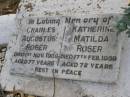 
Charles Augustus ROSER,
died 1 Nov 1959 aged 77 years;
Katherine Matilda ROSER,
died 17 Feb 1959 aged 72 years;
Yangan Anglican Cemetery, Warwick Shire

