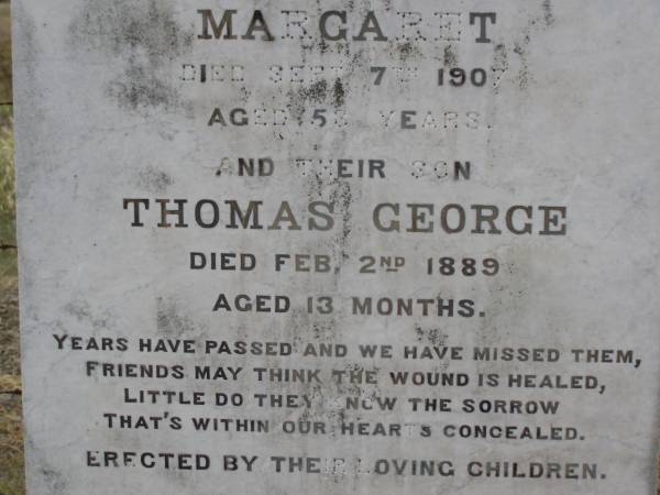 James BROWNE,  | died 6 April 1890 aged 41 years;  | Margaret,  | wife,  | died 7 Sept 1907 aged 58 years;  | Thomas George, son,  | died 2 Feb 1889 aged 13 months;  | erected by children;  | John Foster BROWNE,  | died 3 Dec 1960 aged 80 years;  | Yangan Anglican Cemetery, Warwick Shire  | 