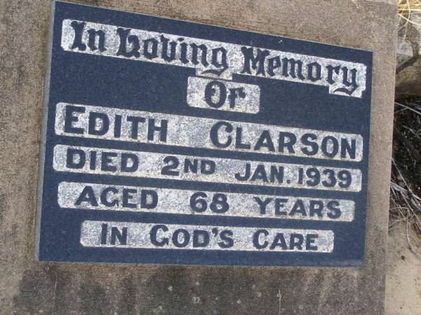 Edith CLARSON,  | died 2 Jan 1939 aged 68 years;  | Yangan Anglican Cemetery, Warwick Shire  | 