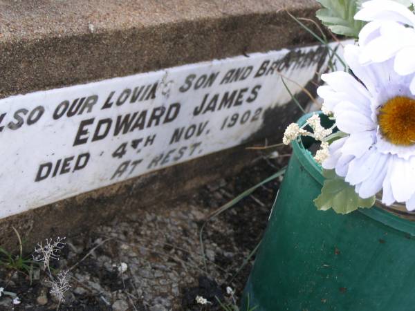 Johannes HANSEN,  | husband father,  | died 13 June 1923 aged 67 years;  | Bertha HANSEN,  | wife,  | died 18 May 1948 aged 86 years;  | Edward James,  | son brother,  | died 4 Nov 1902;  | Yangan Anglican Cemetery, Warwick Shire  | 