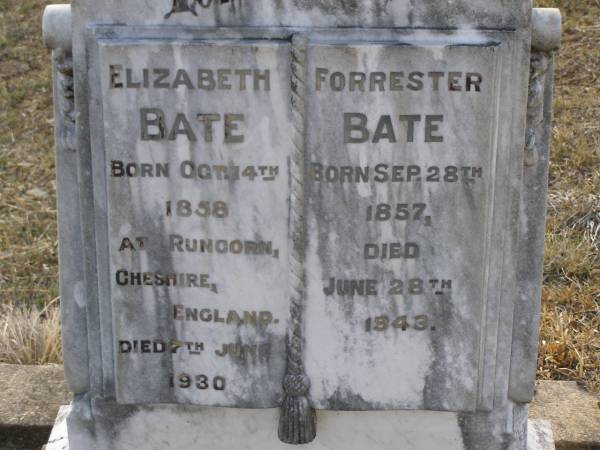 Elizabeth BATE,  | born 14 Oct 1858 Runcorn Cheshire England,  | died 7 June 1930;  | Forrester BATE,  | born 28 Sept 1857 died 28 June 1943;  | Yangan Anglican Cemetery, Warwick Shire  | 