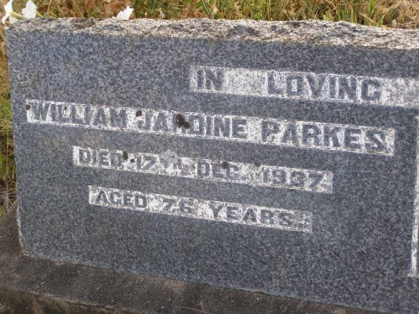 William Jardine PARKES,  | died 17 Dec 1937 aged 76 years;  | Ethel Augusta PARKES,  | died 31 May 1934 aged 72 years;  | Yangan Anglican Cemetery, Warwick Shire  | 