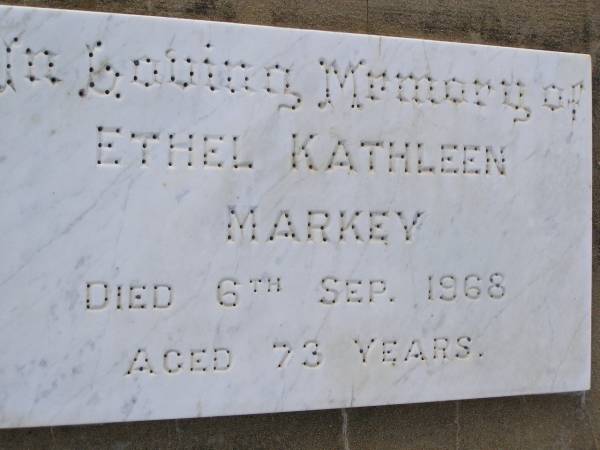Ethel Kathleen MARKEY,  | died 6 Sept 1968 aged 73 years;  | Yangan Anglican Cemetery, Warwick Shire  | 