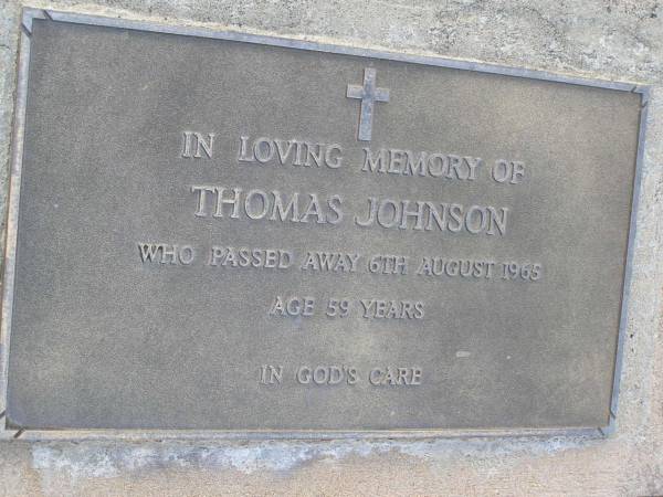 Thomas JOHNSON,  | died 6 Aug 1965 aged 59 years;  | Yangan Anglican Cemetery, Warwick Shire  | 