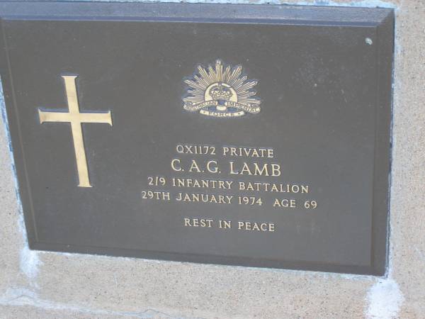 C.A.G. LAMB,  | died 29 Jan 1974 aged 69 years;  | Yangan Anglican Cemetery, Warwick Shire  | 
