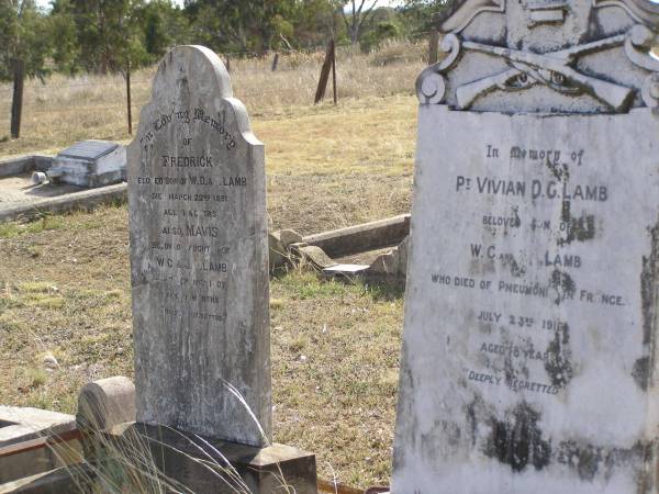 Vivian D.G. LAMB,  | son of W.C. & J.A. LAMB,  | died pneumonia in France  | 23 July 1916 aged 18 years;  | Frederick,  | son of W.D. & J. LAMB,  | died 22 March 1891 aged 3 months;  | Mavis,  | daughter of W.C. & J.A. LAMB,  | died 19 Sept 1907 aged 9 months;  | Yangan Anglican Cemetery, Warwick Shire  | 