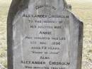 
Annie CHISHOLM,
died 9 Dec 1896 aged 72 years,
erected by husband Alexander CHISHOLM;
Alexander CHISHOLM,
died 25 Dec 1903 aged 78 years;
William CHISHOLM,
son,
born Mains Ardersier Scotland 17 July 1862,
died Bondi Sydney 13 June 1938;
Yangan Presbyterian Cemetery, Warwick Shire
