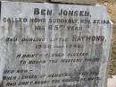 Ben JONSEN, died 27 Nov 1935 in 65th year; Raymond, 1939 - 1940; Gena Matilda JONSEN, mother, died 9 June 1950 aged 70 years 11 months; Yangan Presbyterian Cemetery, Warwick Shire 
