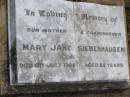 Robert C. SIEBENHAUSEN, husband father, died Hillgrove Danderoo 10 April 1923 aged 47 years; Olive A.C. BROWNE, wife, died 8 April 1927 aged 28 years; Mary Jane SIEBENHAUSEN, mother grandmother, died 6 July 1962 aged 82 years; Yangan Presbyterian Cemetery, Warwick Shire  