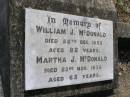 William J. MCDONALD, died 28 Dec 1953 aged 82 years; Martha J. MCDONALD, died 23 Nov 1938 aged 65 years; Yangan Presbyterian Cemetery, Warwick Shire 