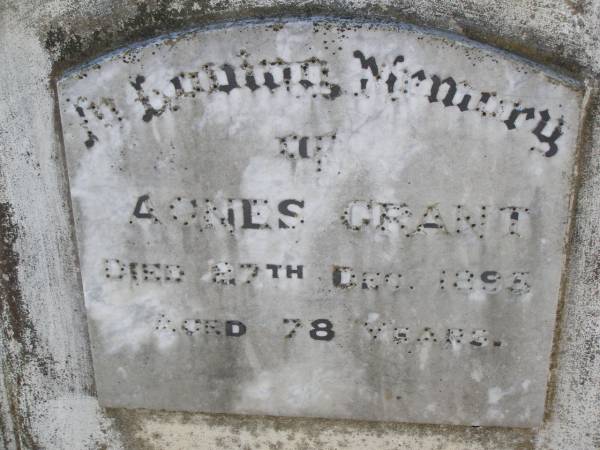 Agnes GRANT,  | died 27 Dec 1895 aged 78 years;  | Yangan Presbyterian Cemetery, Warwick Shire  | 