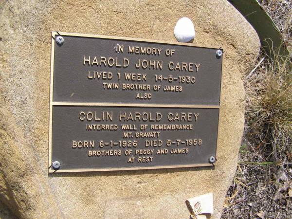 Harold John CAREY,  | twin brother of James,  | died 14-5-1930 lived 1 week;  | Colin Harold CAREY,  | brothers of Peggy & James,  | born 6-1-1926  | died 5-7-1958,  | interred Wall of Remembrance Mt Gravatt;  | Yangan Presbyterian Cemetery, Warwick Shire  | Yangan Presbyterian Cemetery, Warwick Shire  | 
