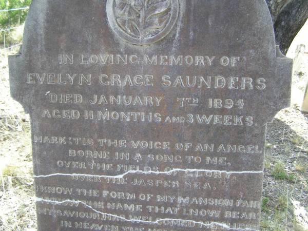 Evelyn Grace SAUNDERS,  | died 7 Jan 1894 aged 11 months 3 weeks;  | Mary SAUNDERS,  | died 4 April 1921 aged 70 years;  | Yangan Presbyterian Cemetery, Warwick Shire  | 