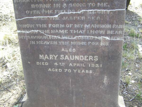 Evelyn Grace SAUNDERS,  | died 7 Jan 1894 aged 11 months 3 weeks;  | Mary SAUNDERS,  | died 4 April 1921 aged 70 years;  | Yangan Presbyterian Cemetery, Warwick Shire  | 