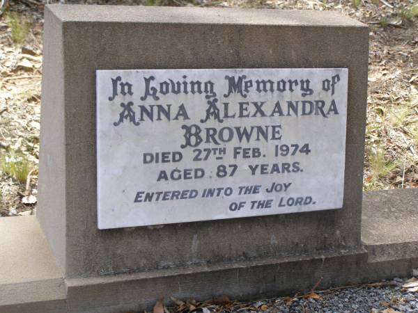 Anna Alexandra BROWNE,  | died 27 Feb 1874 aged 87 years;  | Yangan Presbyterian Cemetery, Warwick Shire  | 