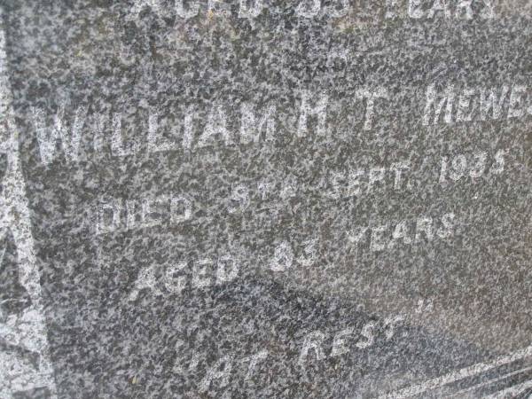 Caroline MEWES,  | died 20 Jan 1919 aged 55 years;  | William H.T. MEWES,  | died 9 Sept 1935 aged 83 years;  | Yangan Presbyterian Cemetery, Warwick Shire  | 