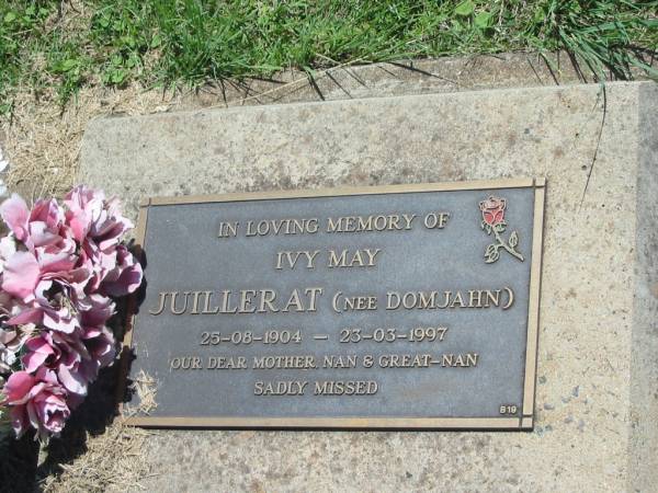 Ivy May JUILLERAT (nee DOMJAHN),  | 25-08-1904 - 23-03-1997,  | mother nan great-nan;  | Yarraman cemetery, Toowoomba Regional Council  | 