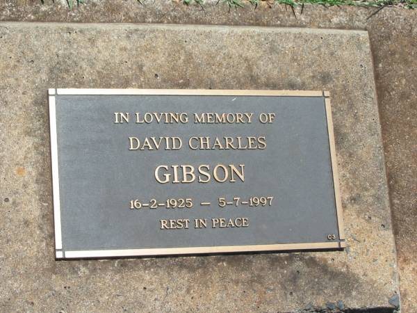 David Charles GIBSON,  | 16-2-1925 - 5-7-1997;  | Yarraman cemetery, Toowoomba Regional Council  | 