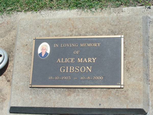Alice Mary GIBSON,  | 18-10-1903 - 10-8-2000;  | Yarraman cemetery, Toowoomba Regional Council  | 