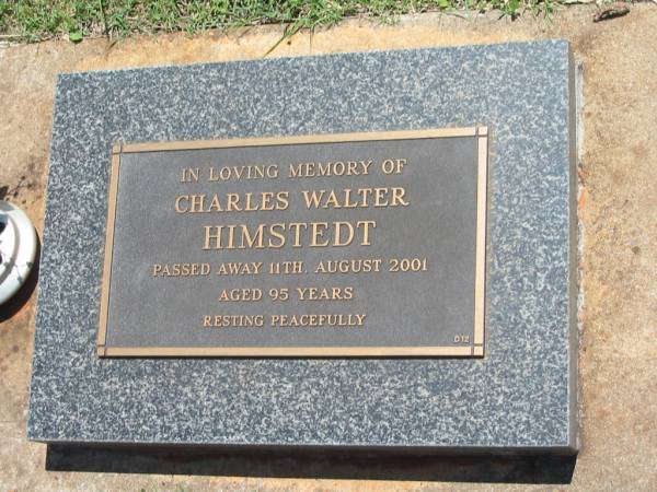 Charles Walter HIMSTEDT,  | died 11 Aug 2001 aged 95 years;  | Yarraman cemetery, Toowoomba Regional Council  | 