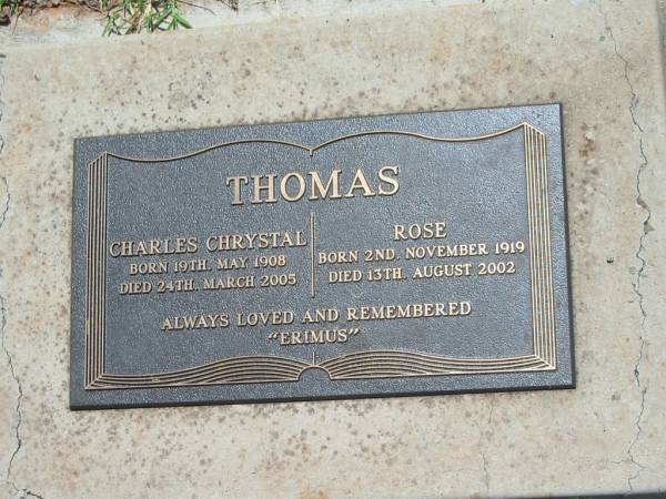 Charles Chrystal THOMAS,  | born 19 May 1908,  | died 24 March 2005;  | Rose THOMAS,  | born 2 Nov 1919,  | died 13 Aug 2002;  | Yarraman cemetery, Toowoomba Regional Council  | 