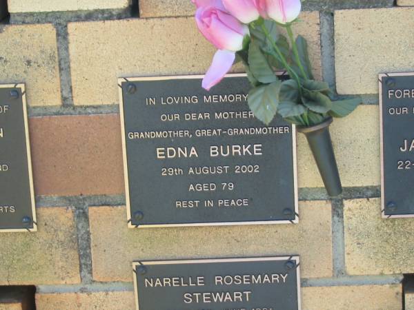 Edna BURKE,  | mother grandmother great-grandmother,  | died 29 Aug 2002 aged 79 years;  | Yarraman cemetery, Toowoomba Regional Council  | 