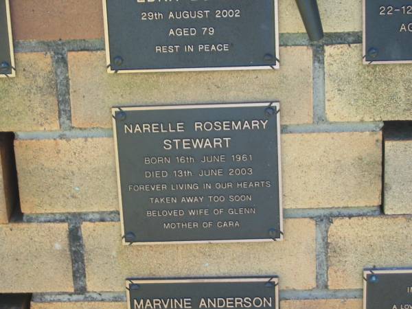 Narelle Rosemary STEWART,  | born 16 June 1961,  | died 13 June 2003,  | wife of Glenn,  | mother of Cara;  | Yarraman cemetery, Toowoomba Regional Council  | 