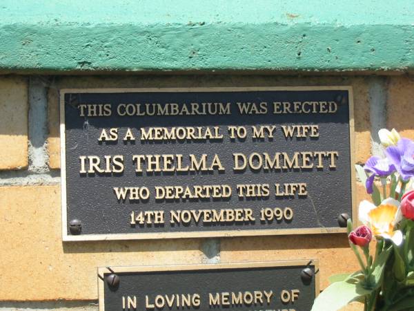 Iris Thelma DOMMETT,  | wife mother grandmother great-grandmother,  | died 14 Nov 1990 aged 67 years;  | Yarraman cemetery, Toowoomba Regional Council  | 