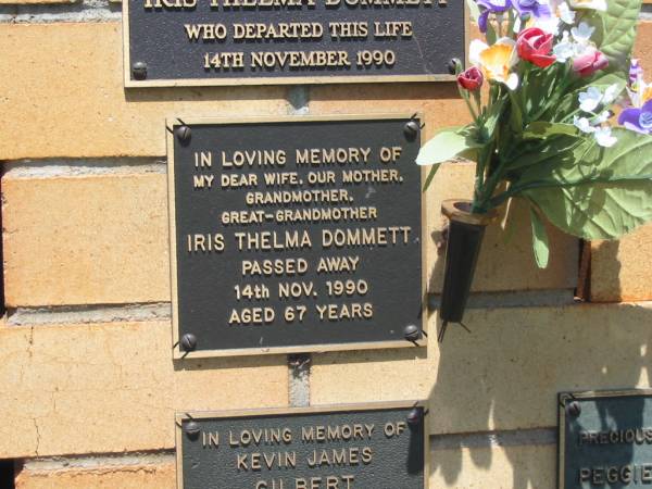 Iris Thelma DOMMETT,  | wife mother grandmother great-grandmother,  | died 14 Nov 1990 aged 67 years;  | Yarraman cemetery, Toowoomba Regional Council  | 