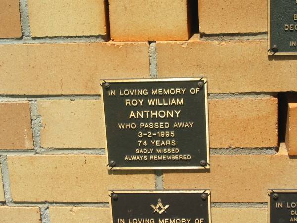 Roy William ANTHONY,  | died 3-2-1995 aged 74 years;  | Yarraman cemetery, Toowoomba Regional Council  | 